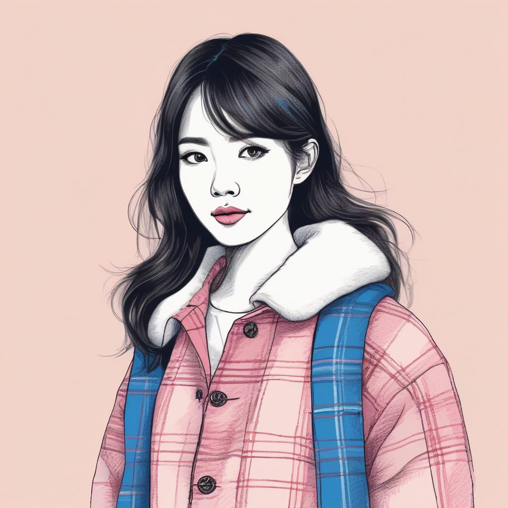 日系插画精选：极简线稿下的粉蓝格纹大衣穿搭