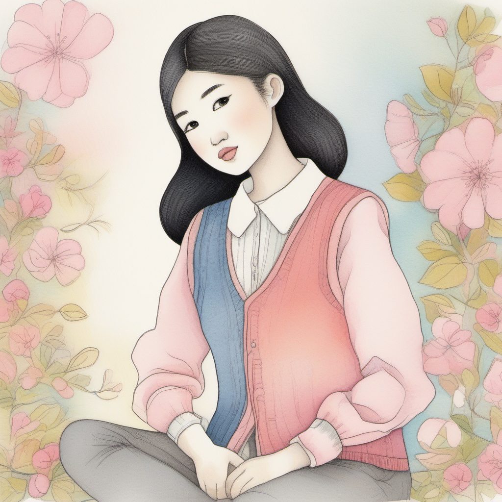 日系叠穿技巧:毛衣背心女孩粉蓝极简线稿AI生成