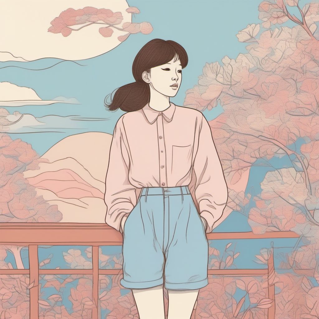 日系高腰裤穿搭:粉蓝软萌风极简线稿AI生成秘籍