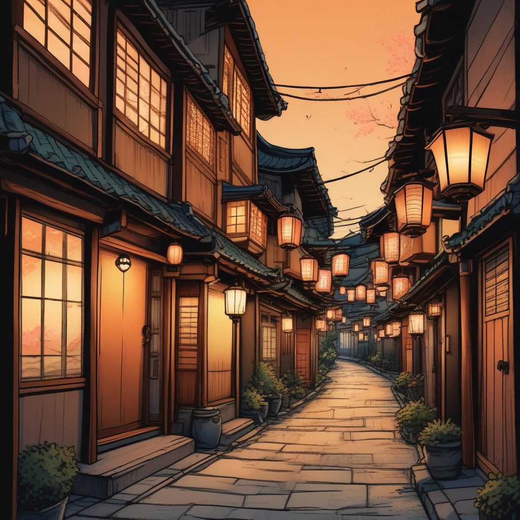 🏮日系街道氛围感！黄昏下的暖色调手绘插画，超级出片！