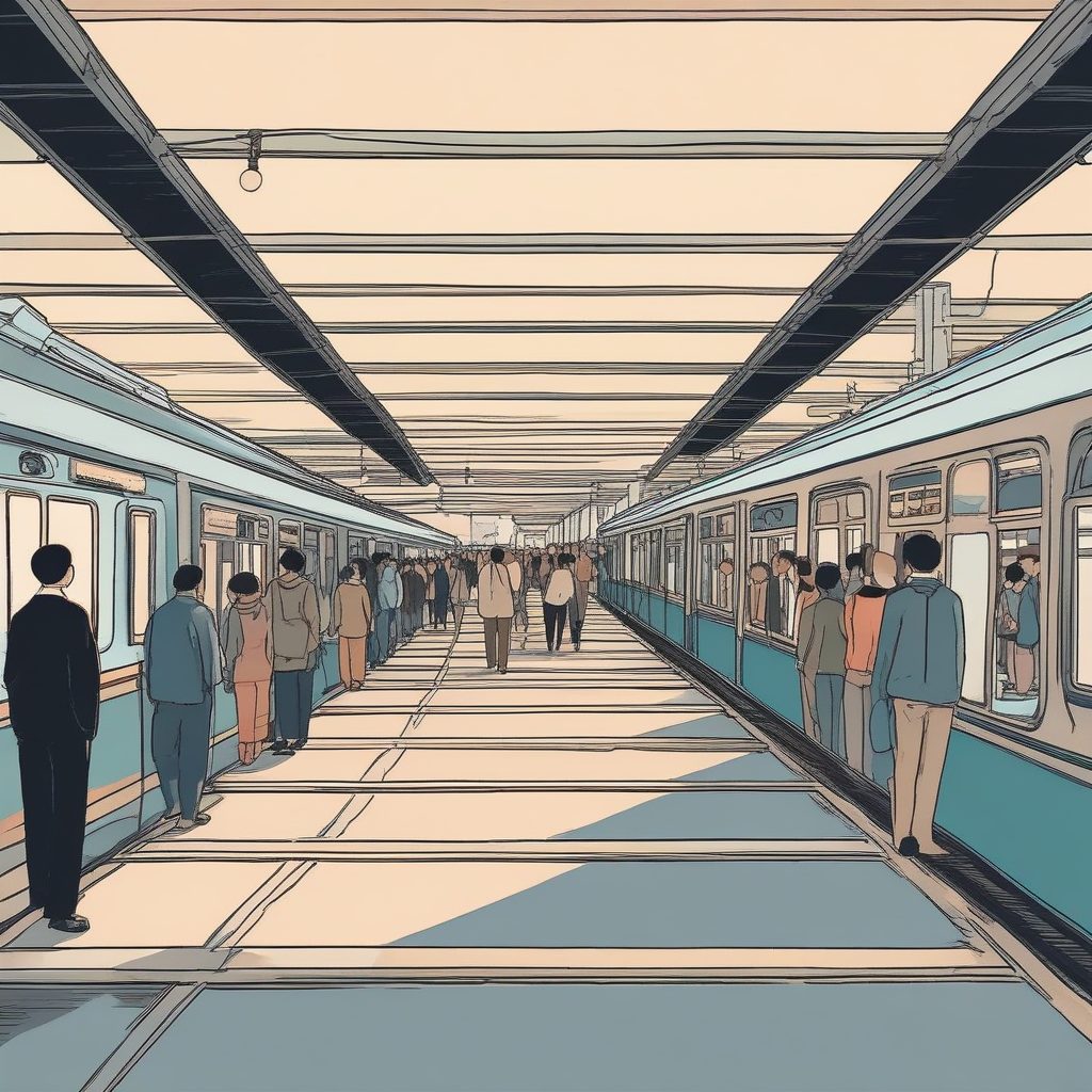 日系漫画风：极简线条下的通勤场景，唯美光影壁纸