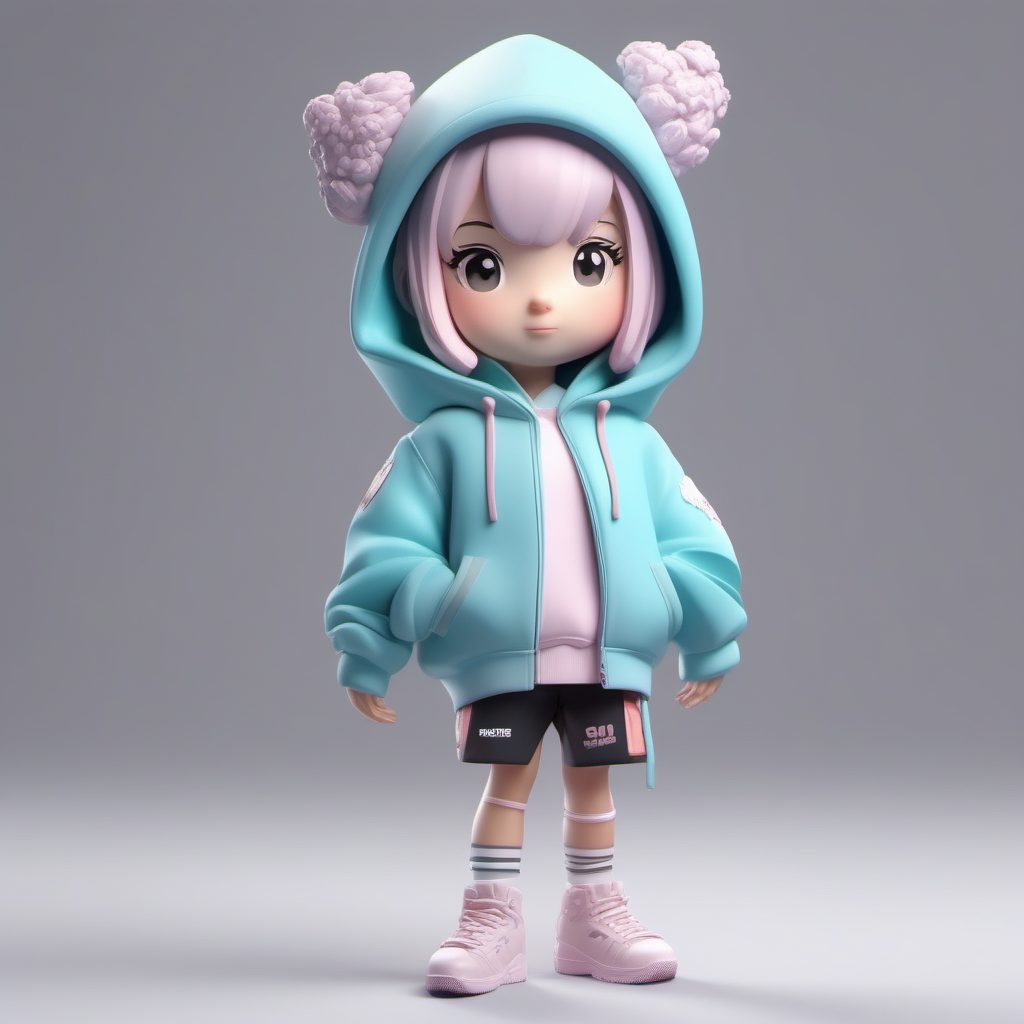 日系Q版潮流穿搭:3D渲染街头风手办,Octane柔和光照下的动态姿势生成