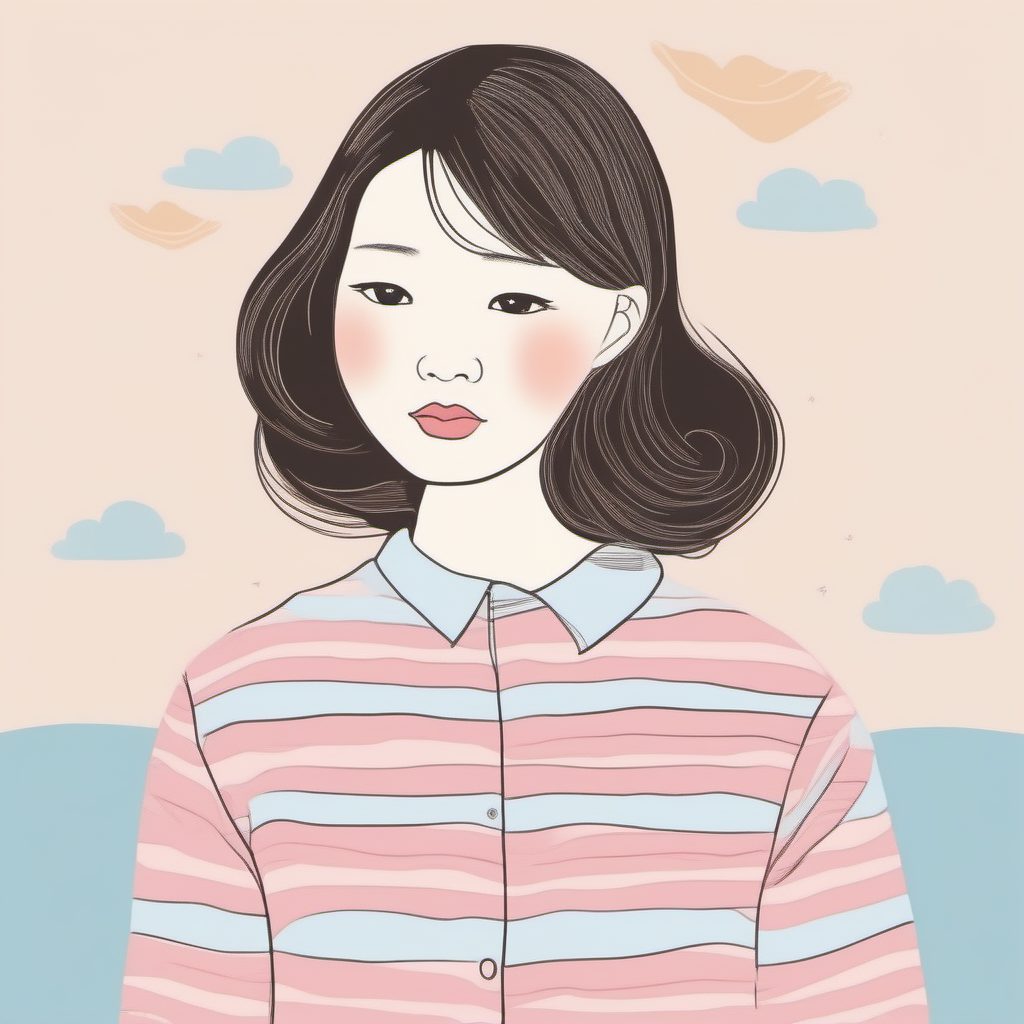 日系清新风:极简线稿下的粉蓝条纹衫女孩穿搭模板