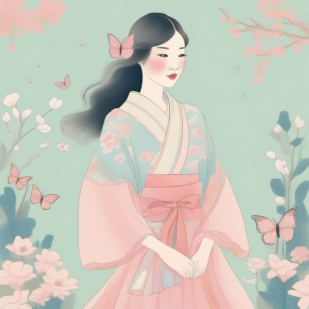 日系清新风:极简线稿下的粉蓝系蝴蝶袖连衣裙少女