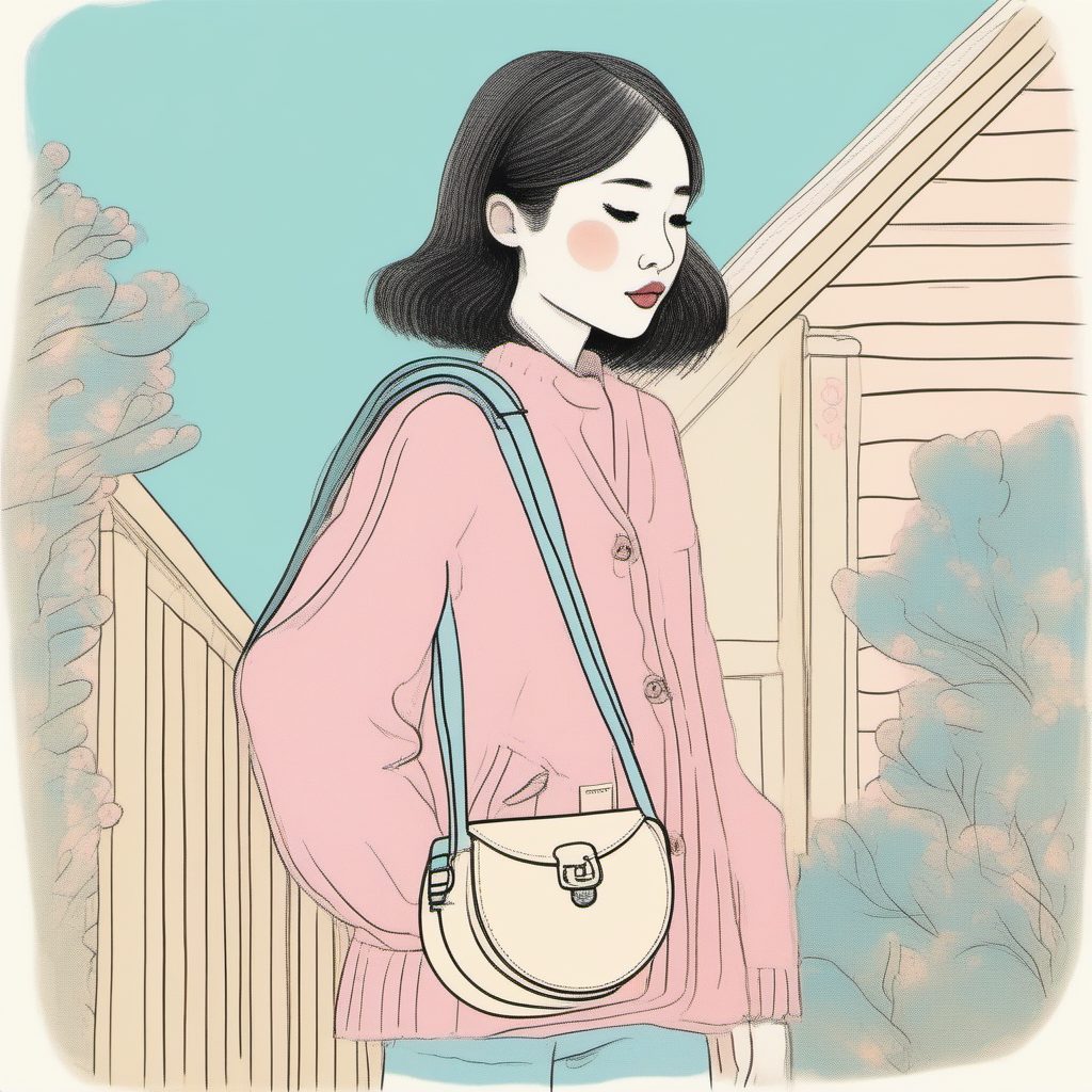 日系软萌必备:侧背小圆包的粉蓝极简线稿少女