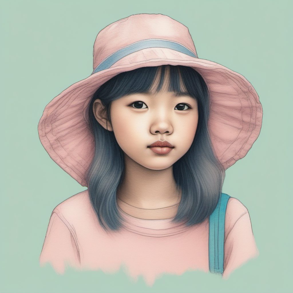 日系软萌风:AI生成粉蓝系渔夫帽女孩的纯色背景构图