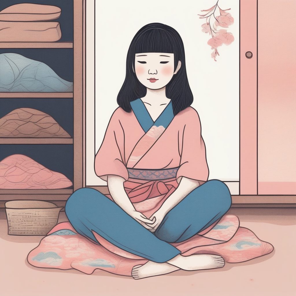 日系软萌风:AI生成坐在地上的极简线稿女孩(粉蓝色系)