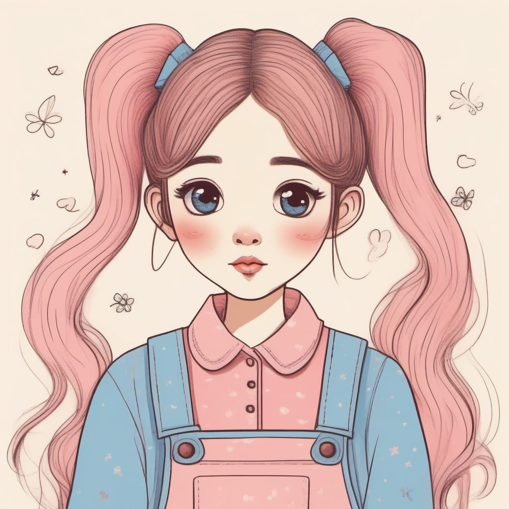 日系软萌风:极简线稿下的双马尾女孩与粉蓝背带裙穿搭