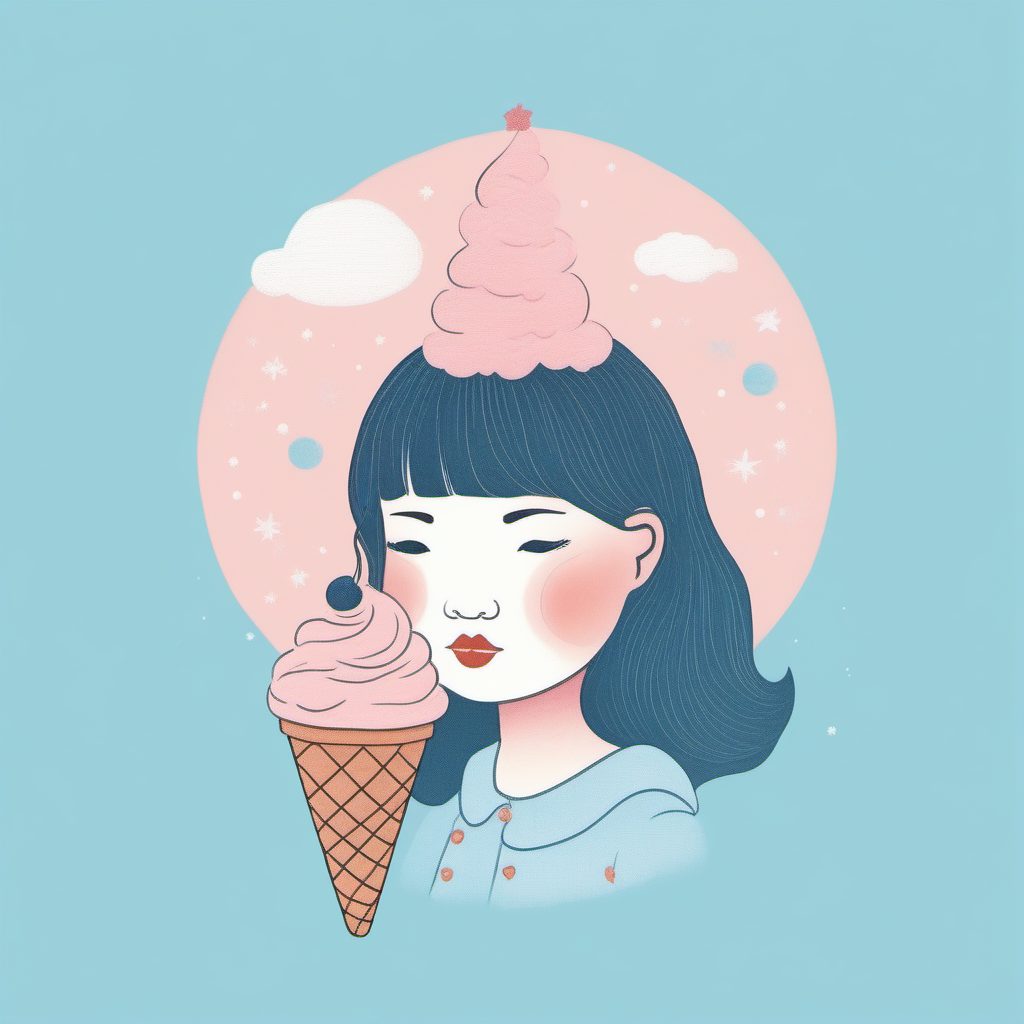 日系甜点插画:AI生成品尝冰淇淋的粉蓝系可爱女孩