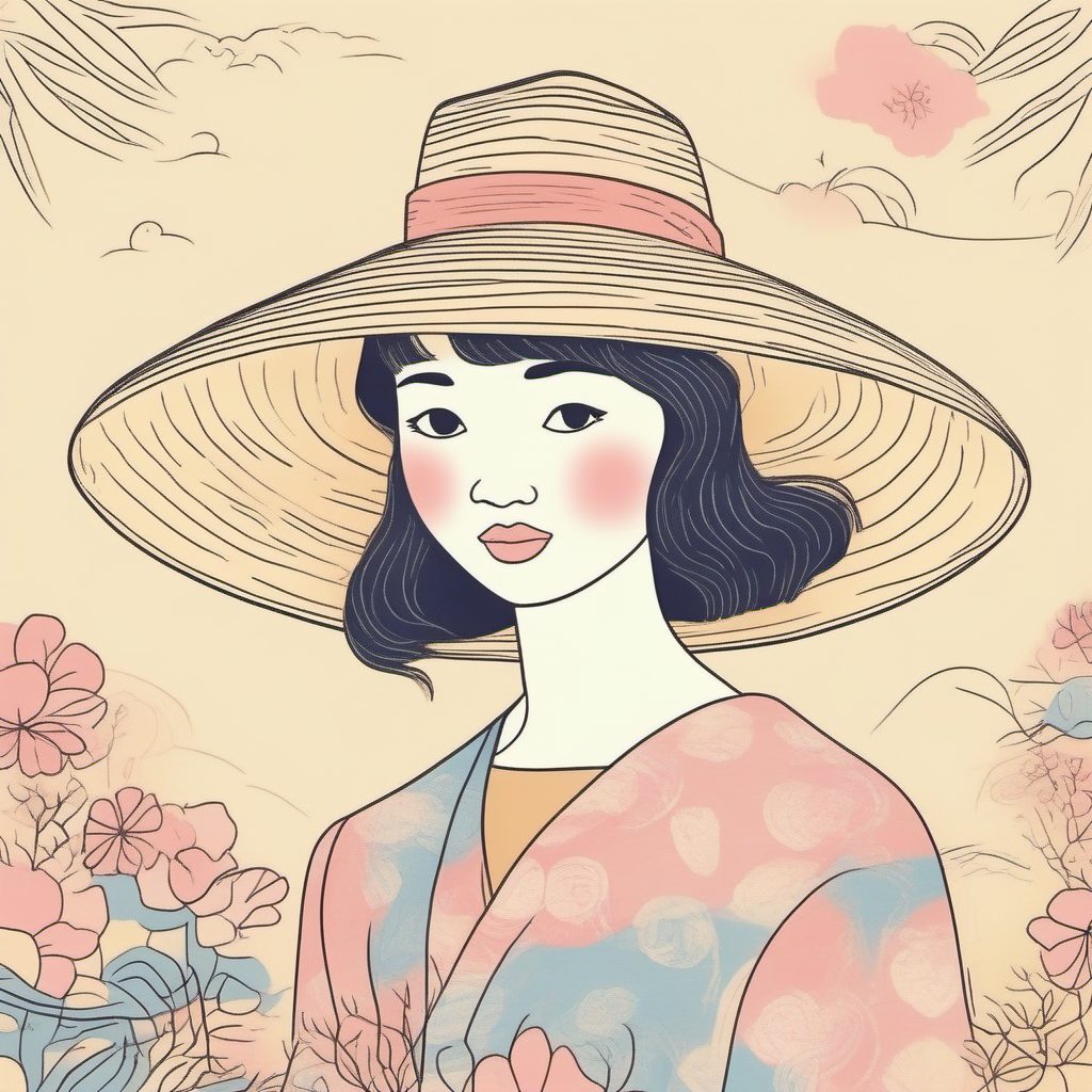 日系甜美风:草帽与连衣裙女孩的粉蓝极简线稿AI图