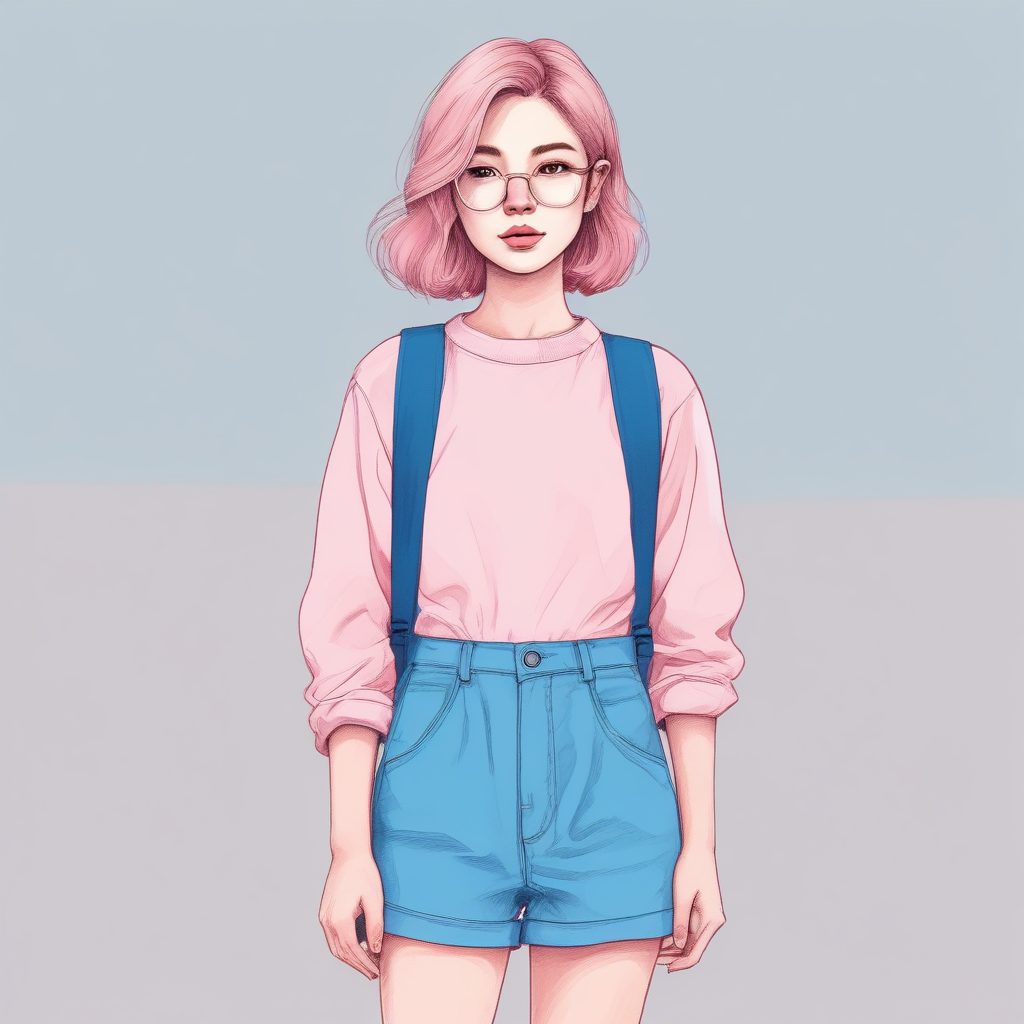 日系甜美风 | 极简站姿全身像，粉蓝少女插画，柔和边缘处理，可做立牌原型！