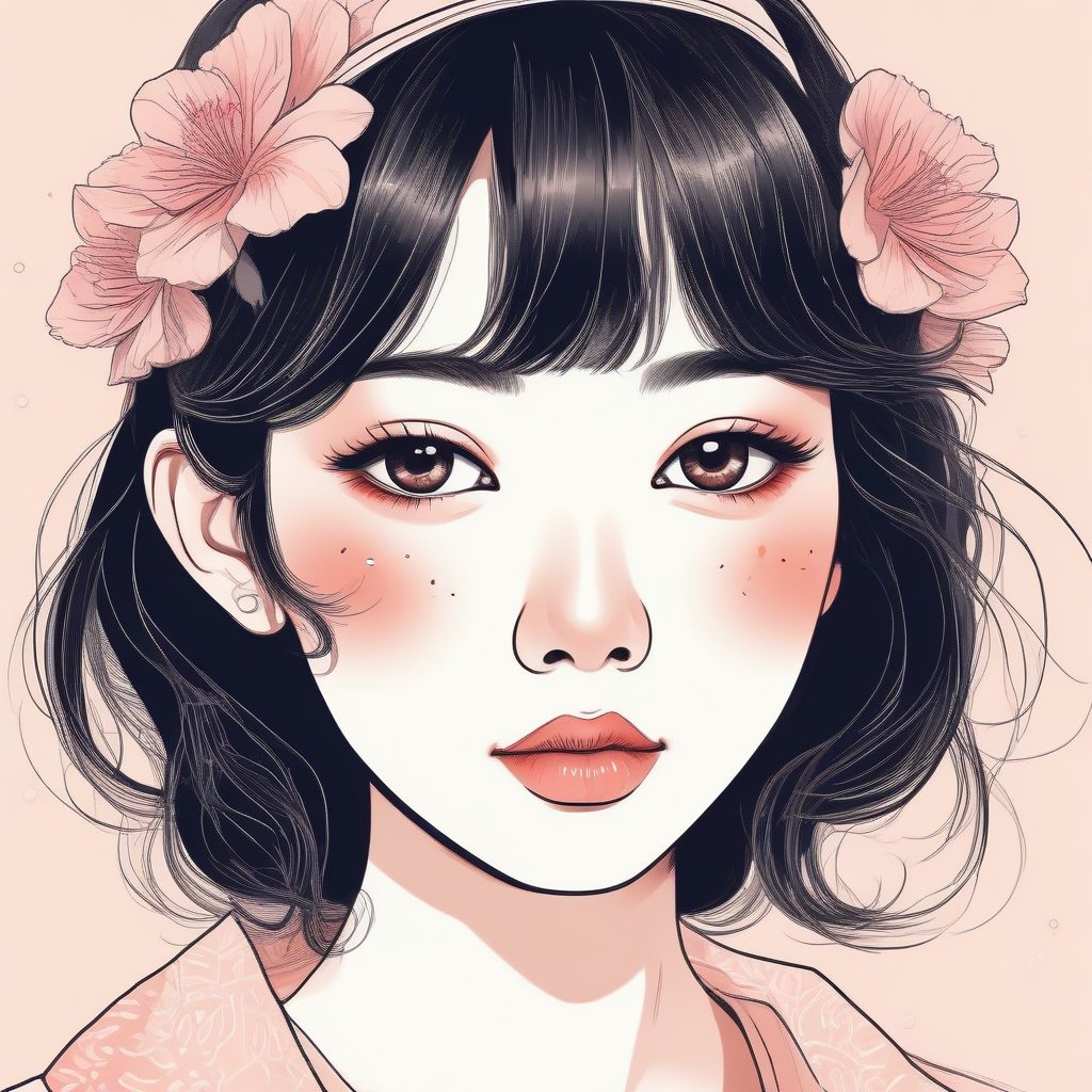 日系甜美风：奶油粉彩色调，蜡笔手绘少女头像，高光嘴唇