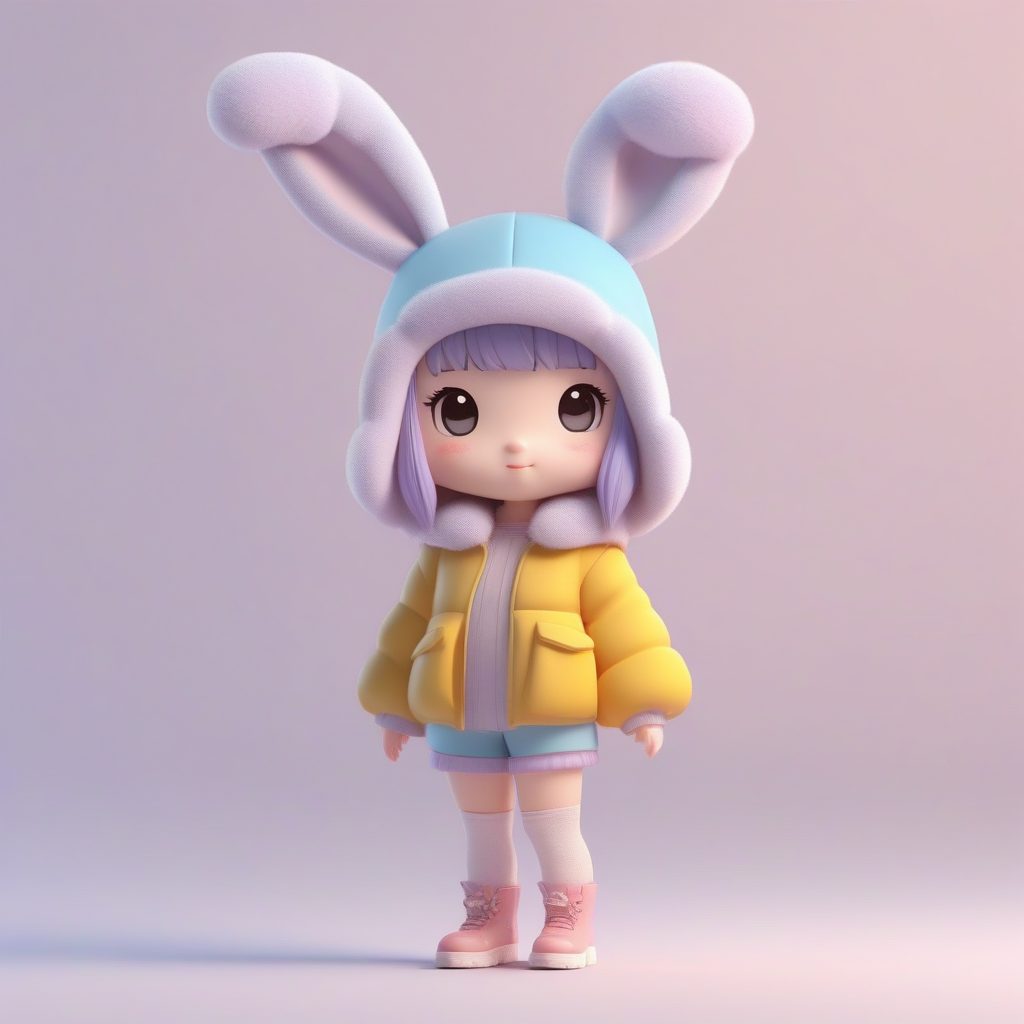 日系甜美风:Q版蓬松兔耳帽女孩,3D全身站立像AI绘画(粉色系)