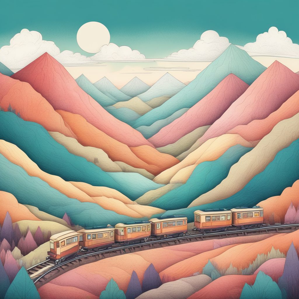 日系童趣！几何山丘与迷你小火车，蜡笔风异想天开插画