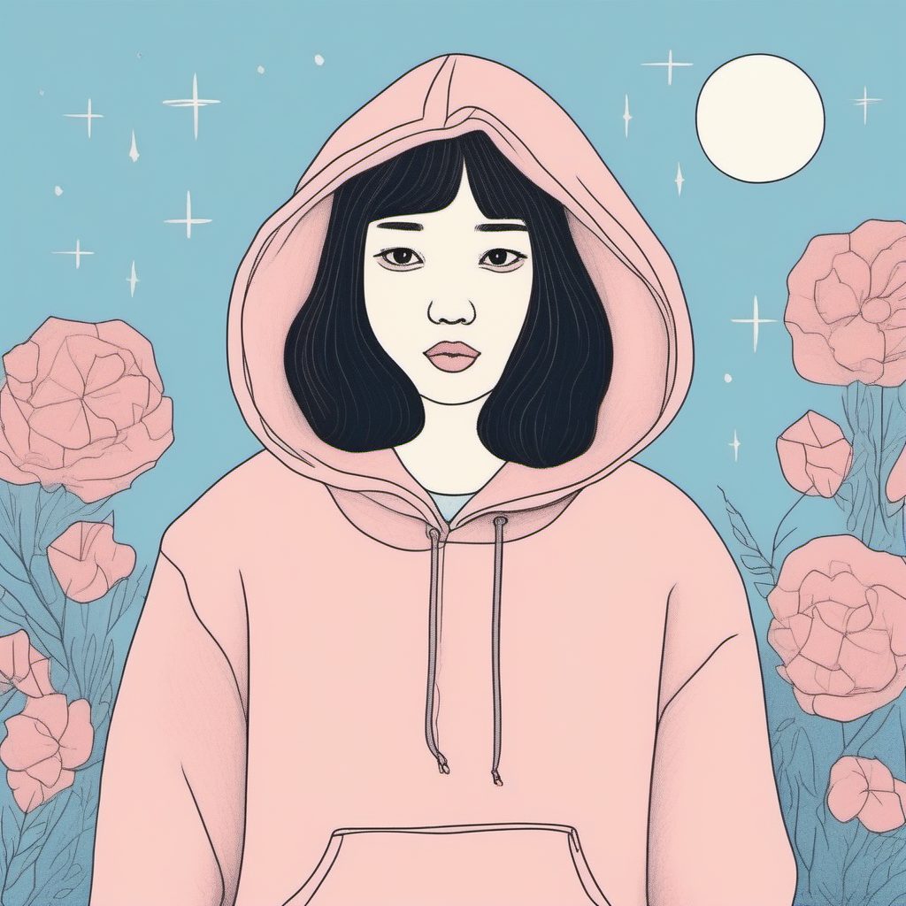 日系Vibe插画:oversize卫衣女孩的粉蓝极简线稿指南