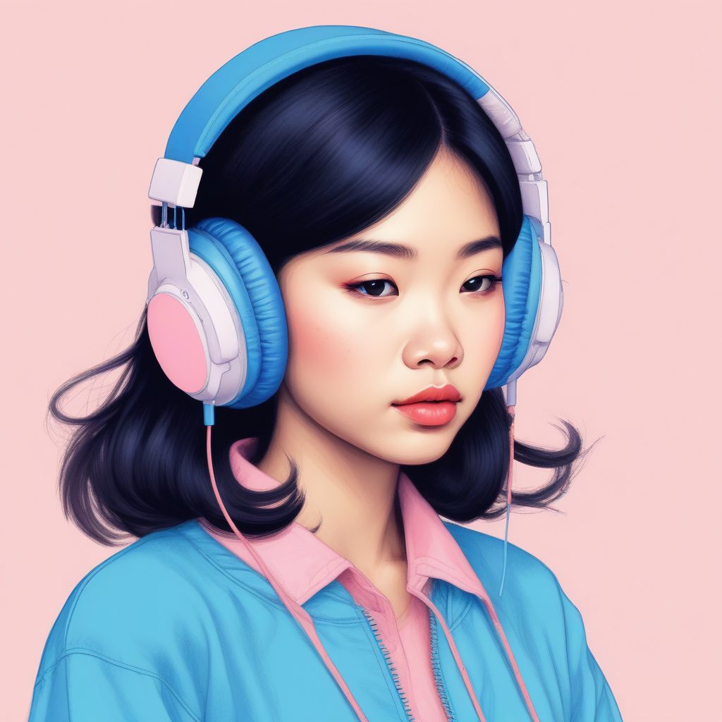 日系Vibe:软萌女孩穿戴耳机的极简AI插画,粉蓝配色指南