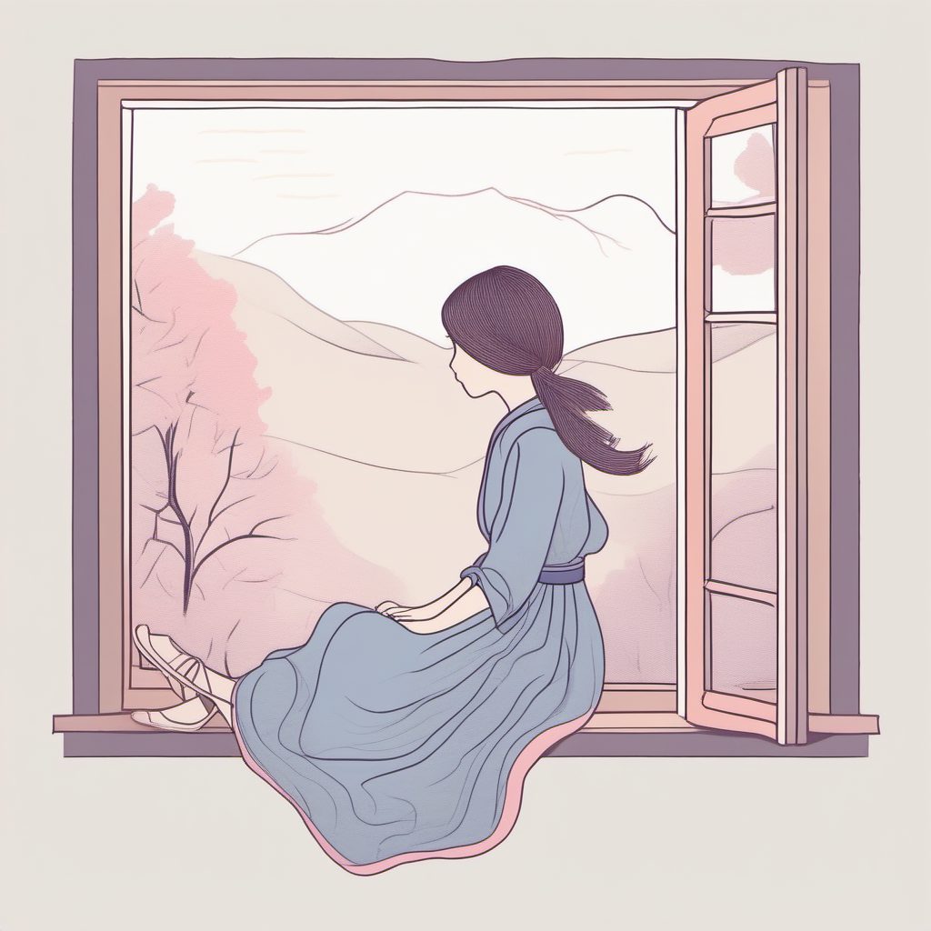 日系Vlog封面必备:侧坐在窗边的粉蓝极简线稿少女