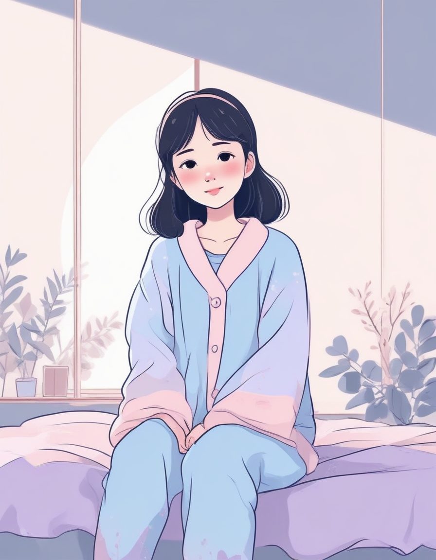 🌙日系晚安图！极简手绘线稿，可爱少女冬日睡前仪式感