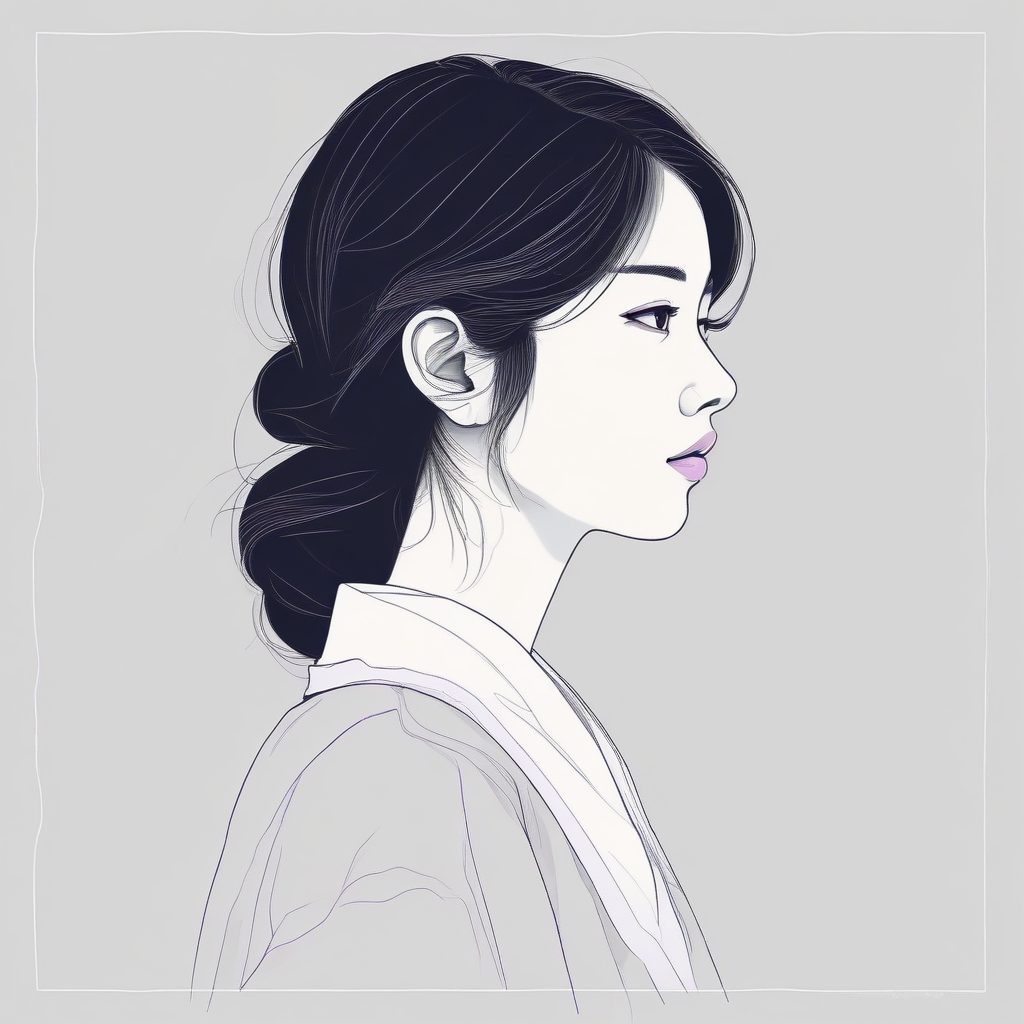 日系微丧感：侧颜极简线稿，发丝细节，高级感纯色背景锁定情绪