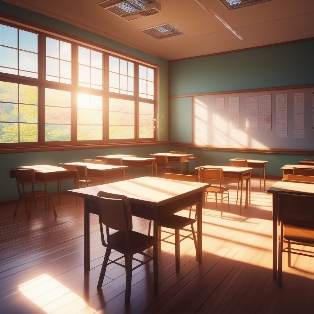 日系校园青春动漫壁纸：新海诚风下樱花飘落的教室场景