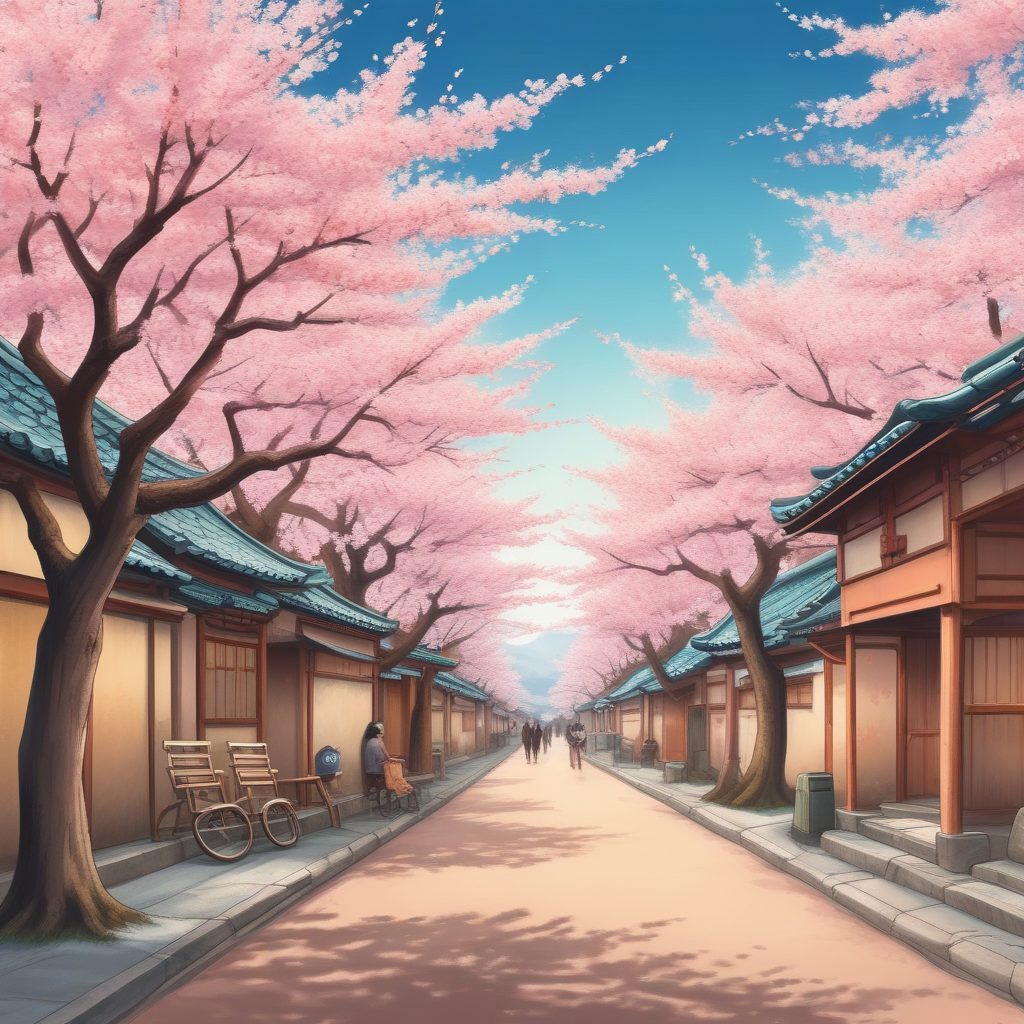 日系樱花街景：手绘彩色铅笔插画，春日限定治愈壁纸