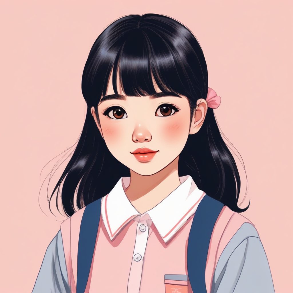 日系制服少女：清新线稿插画头像，梦幻柔和色彩，高精度纸张纹理
