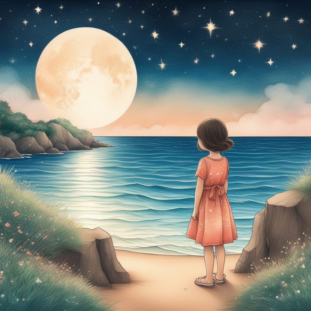 🌌日系治愈系背景图:小女孩和星空海边的温柔邂逅