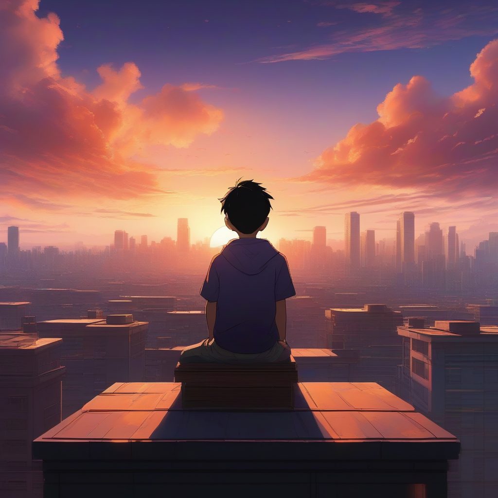 日系治愈系动漫:新海诚日落屋顶少年背影AI提示词详解