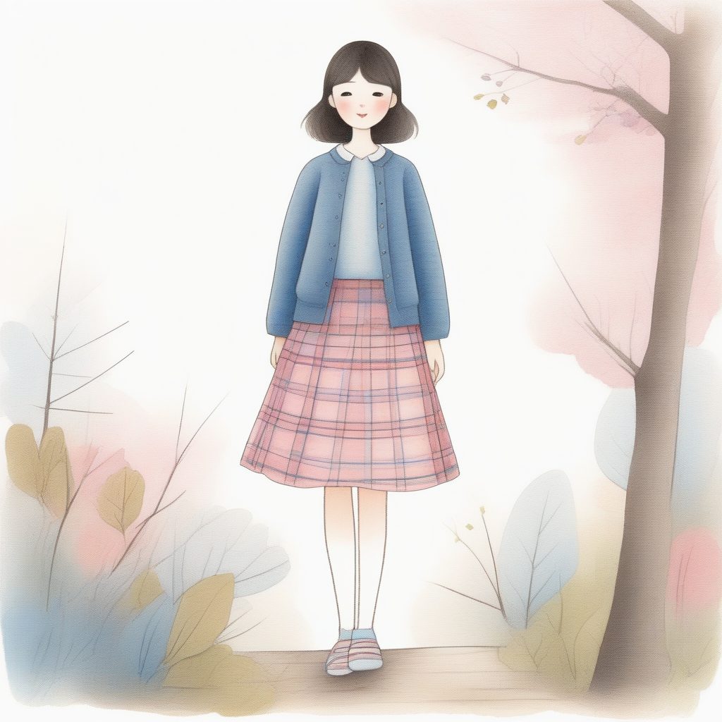 软萌风穿搭:AI生成日系女孩的粉蓝格纹半裙造型