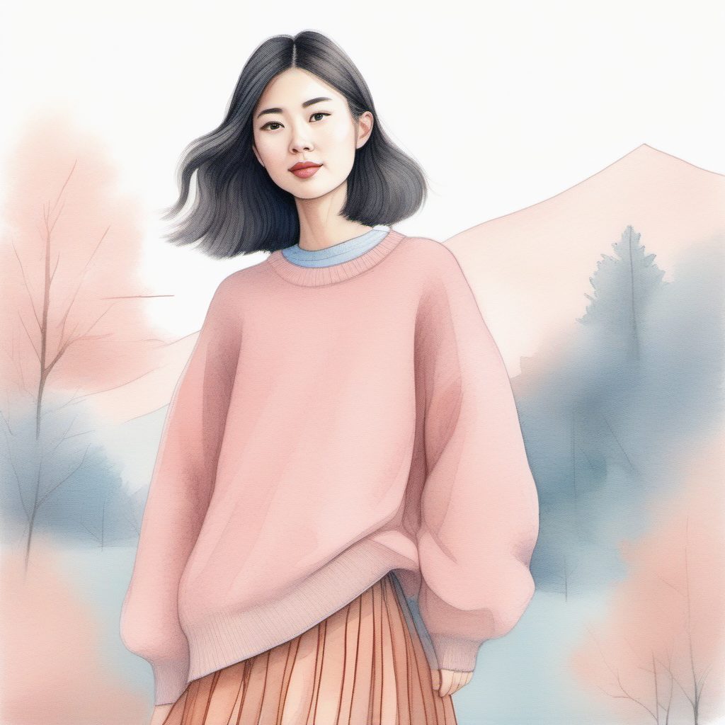 软萌毛衣女孩：超大廓形毛衣的治愈系插画线稿