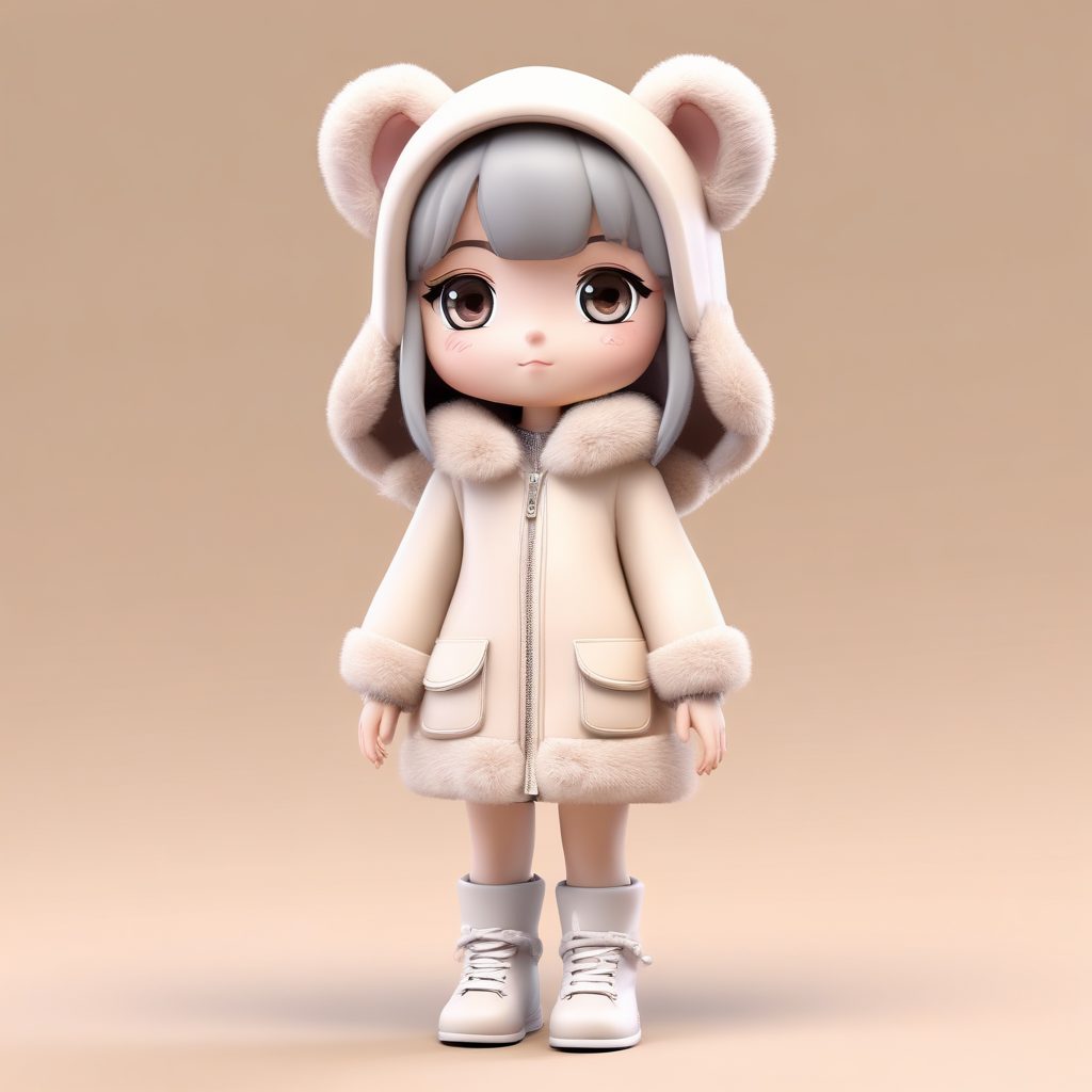 软糯糯：抱着小兔子的Q版少女，冬装全身照，C4D软雕塑感，治愈系纯色背景