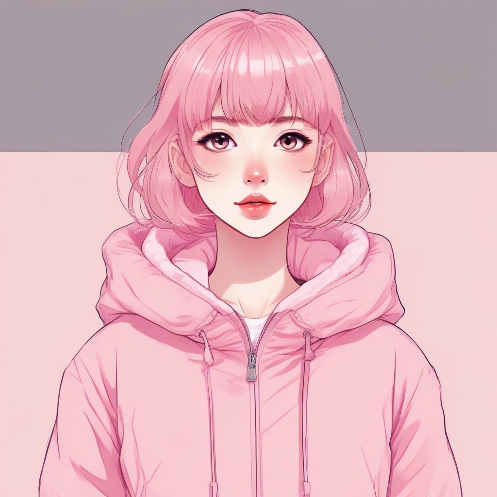 🌷软糯甜心 | 粉色短款羽绒服少女全身图,甜美线稿插画头像