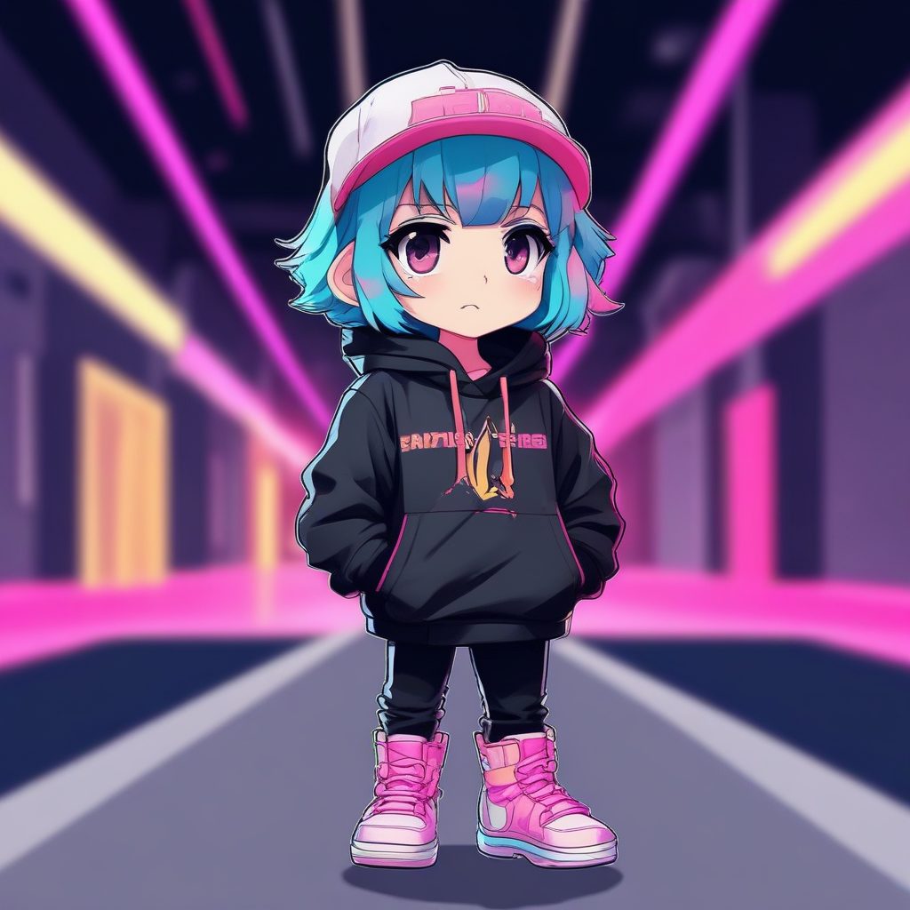 赛博潮酷Q版女孩：全身像、纯色背景AI绘画高分辨率提示词