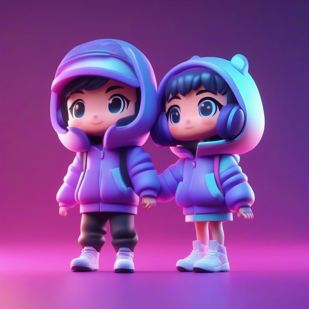 赛博电竞Q版情侣:高光泽C4D盲盒公仔全身站立AI教程