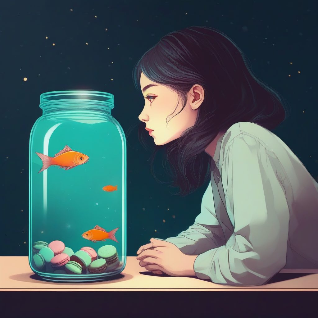 赛璐珞超现实主义:绘制纯净背景下与发光鱼互动的极简动漫女生 1 赛璐珞超现实主义:绘制纯净背景下与发光鱼互动的极简动漫女生