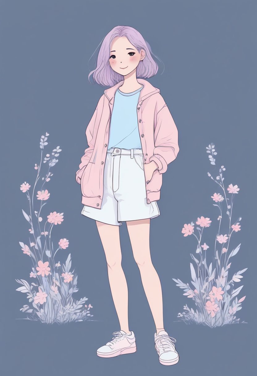 SD出图超稳！极简手绘感粉蓝女孩，微笑全身像，干净治愈系