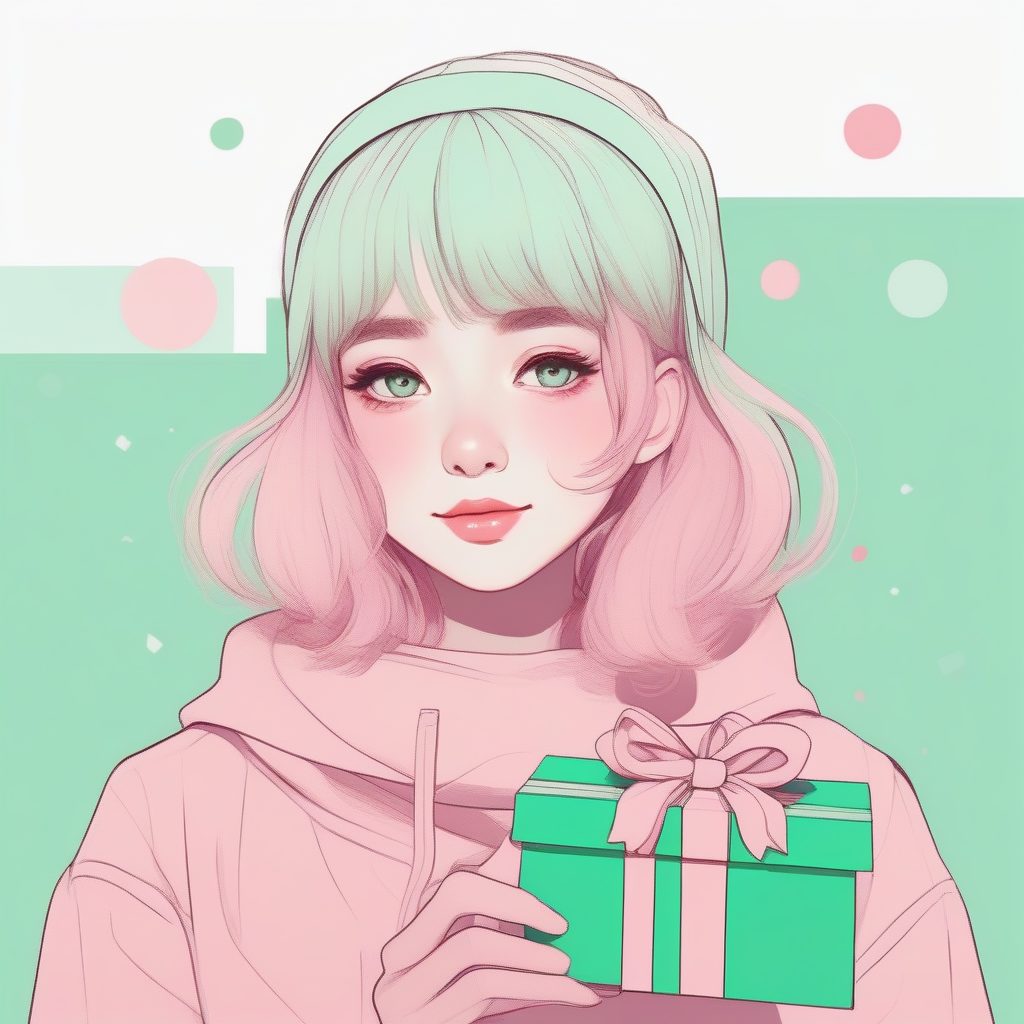 Midjourney/SD极简风：马卡龙粉色圣诞礼物主题动漫女孩特写提示词