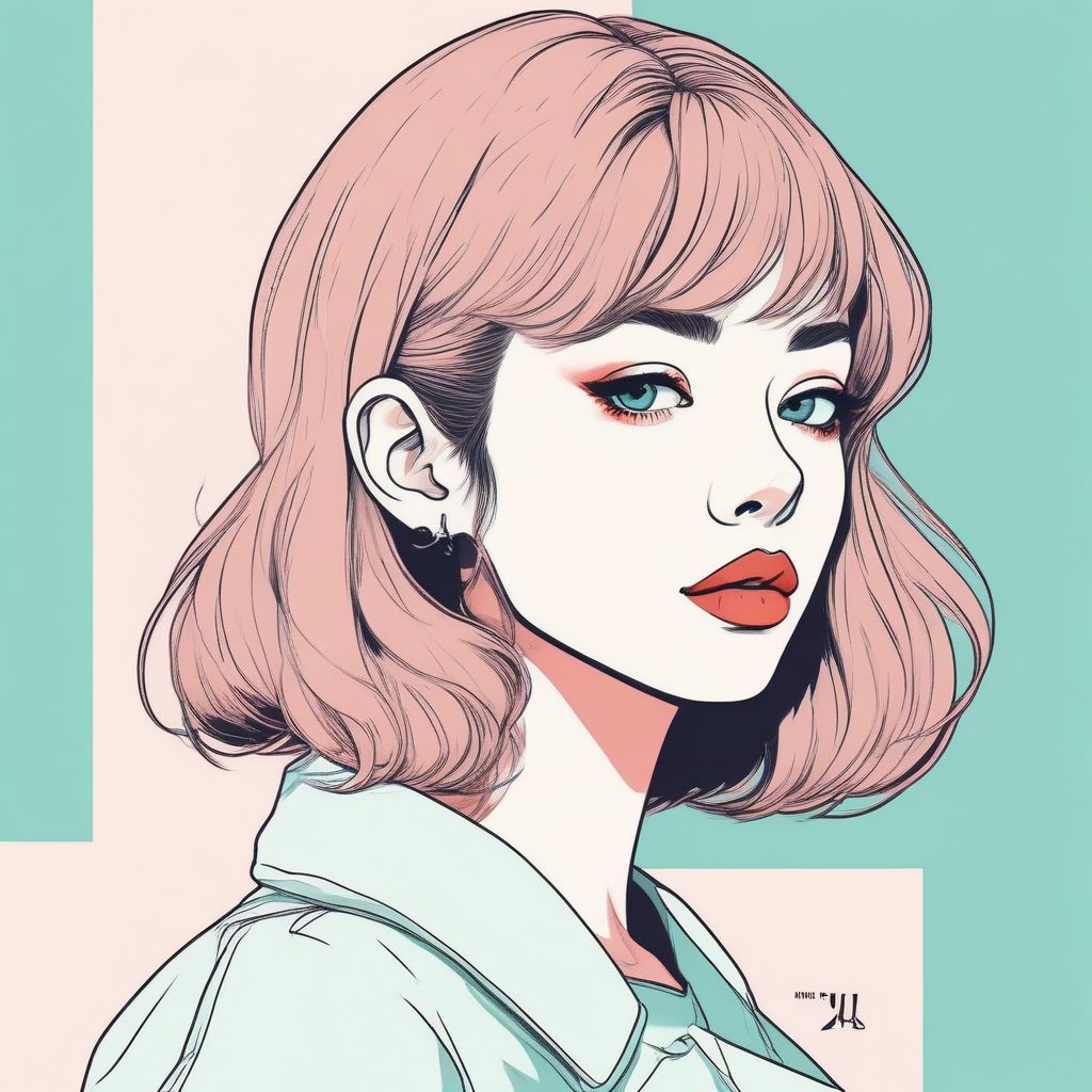 SD提示词：90年代动漫风极简手绘线稿插画，可爱少女头像，纯色背景