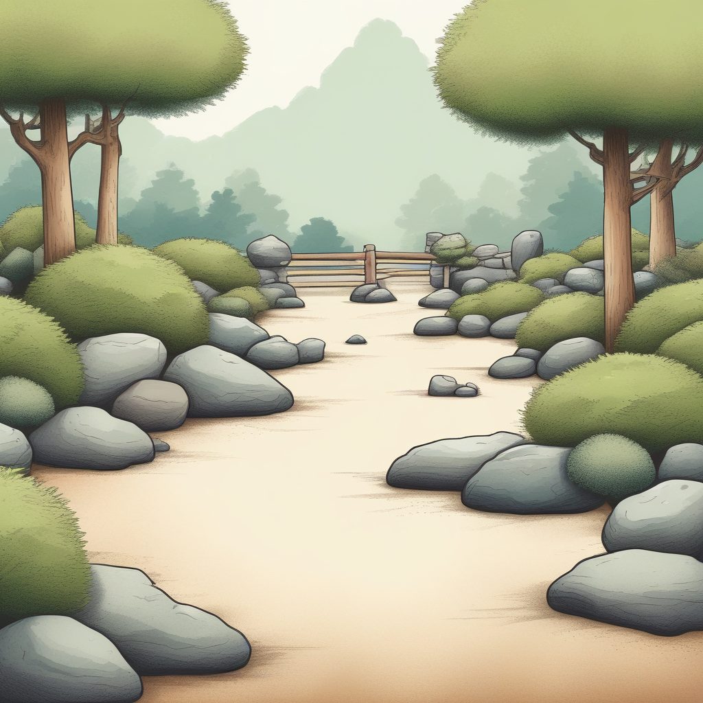 SD提示词：侘寂风极简插画，日式禅意庭院，高级感拉满