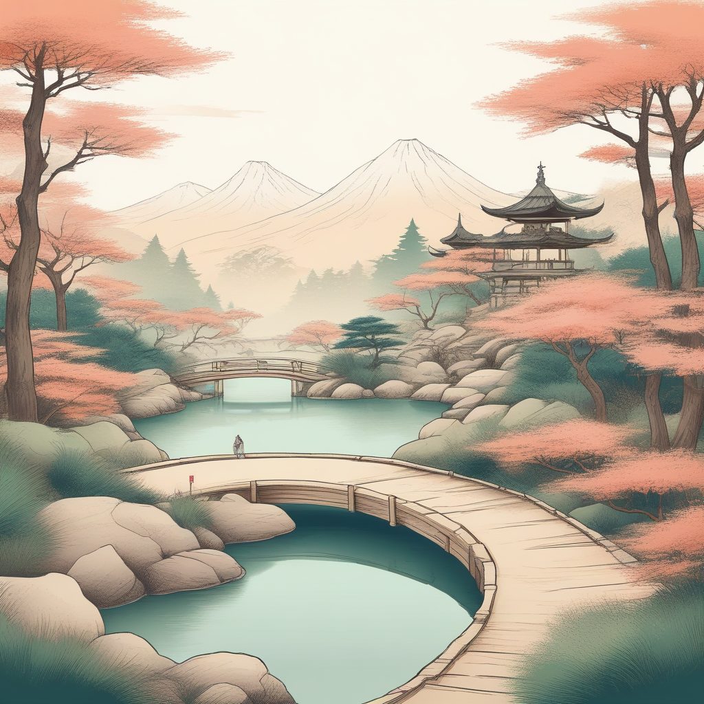 SD提示词：侘寂风极简禅意庭院手绘，铅笔线条，高级感氛围图