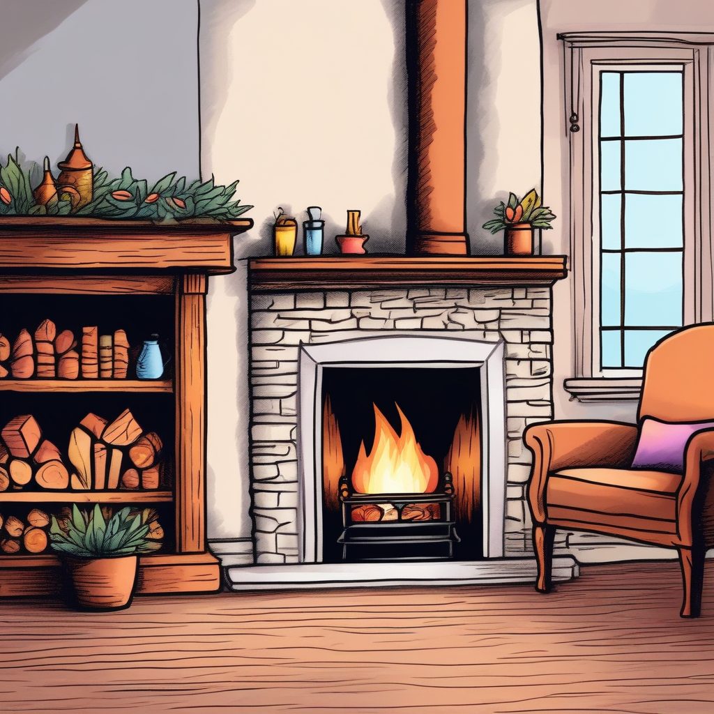 SD提示词：冬日温暖手绘插画，壁炉场景，氛围感十足
