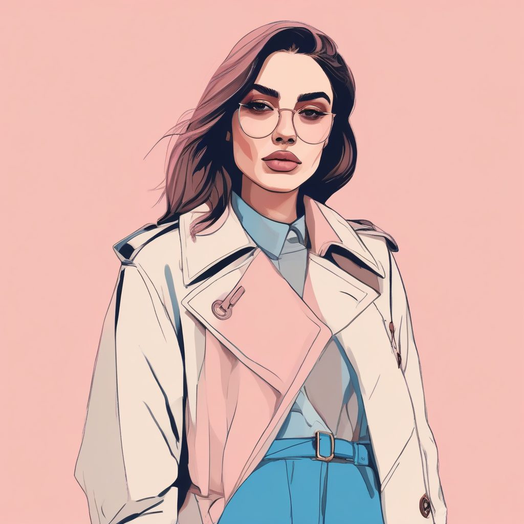 SD提示词：粉蓝撞色街拍极简线稿，温暖色调的治愈系插画