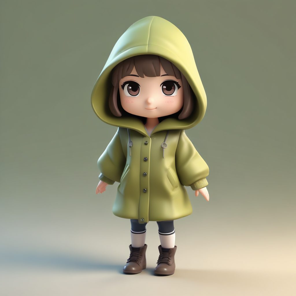 SD提示词：极简雨衣Q版女孩悄悄踮脚，橄榄绿纯色背景