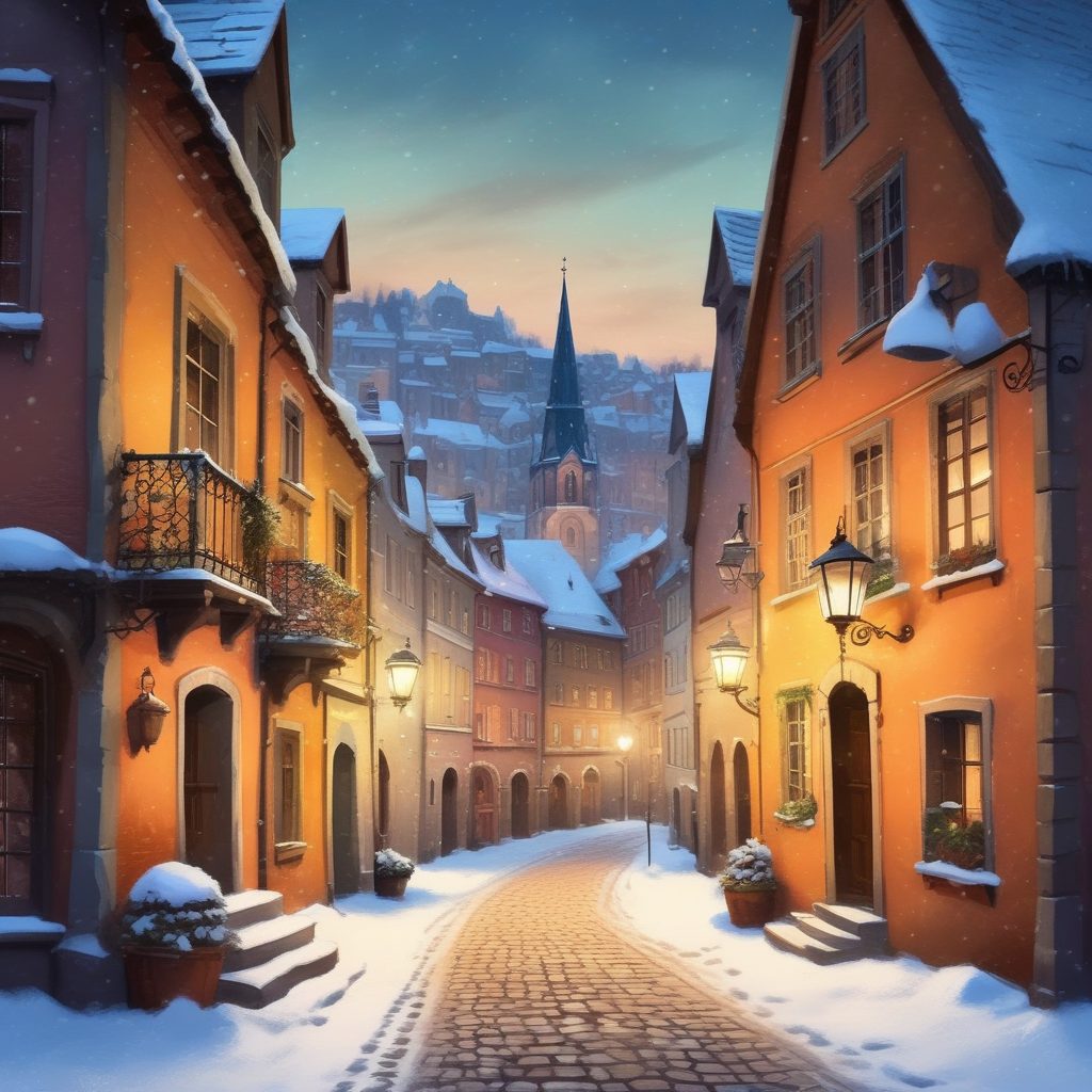 SD提示词 | 欧洲古城雪景，蜡笔质感的温暖故事书插画