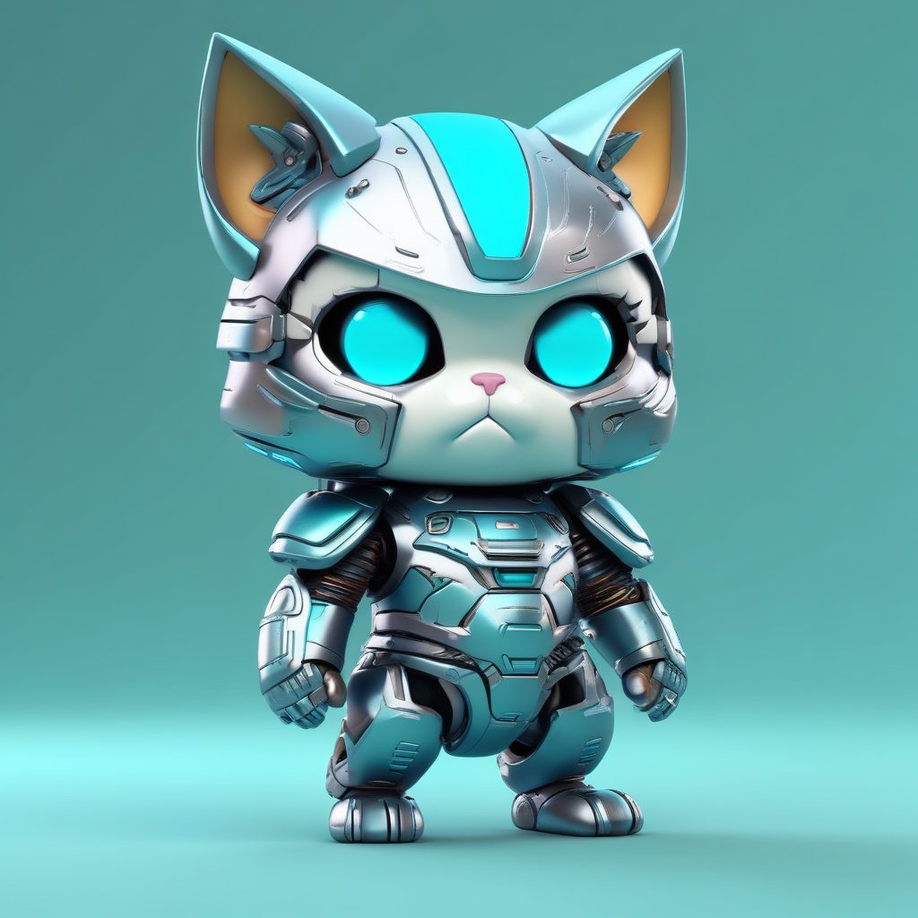 💻 SD提示词：Q版机甲武士猫，盲盒风3D黏土手办全身像，桌面壁纸新宠！