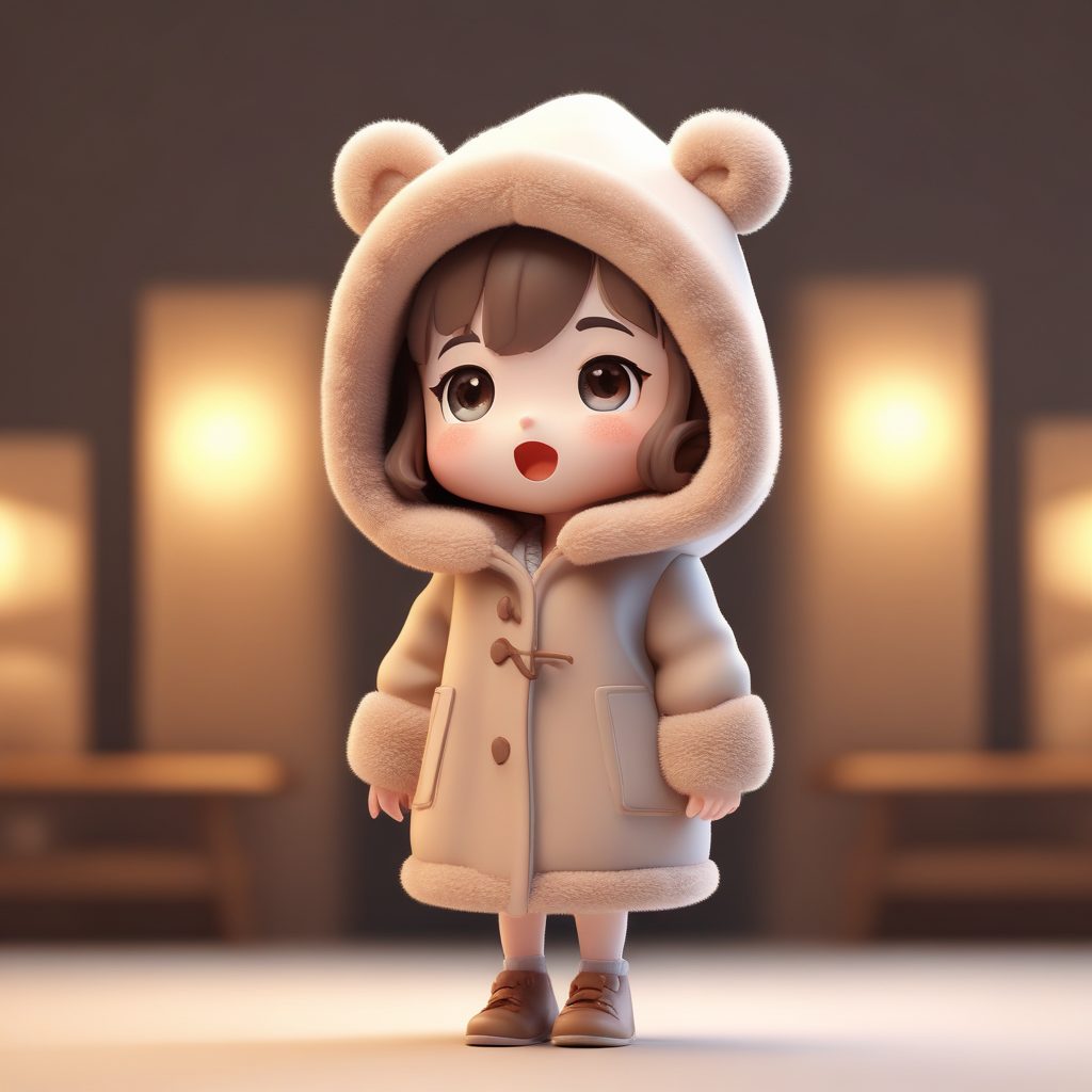 SD提示词：慵懒泰迪熊大衣Q版女孩打哈欠，焦糖色纯色背景