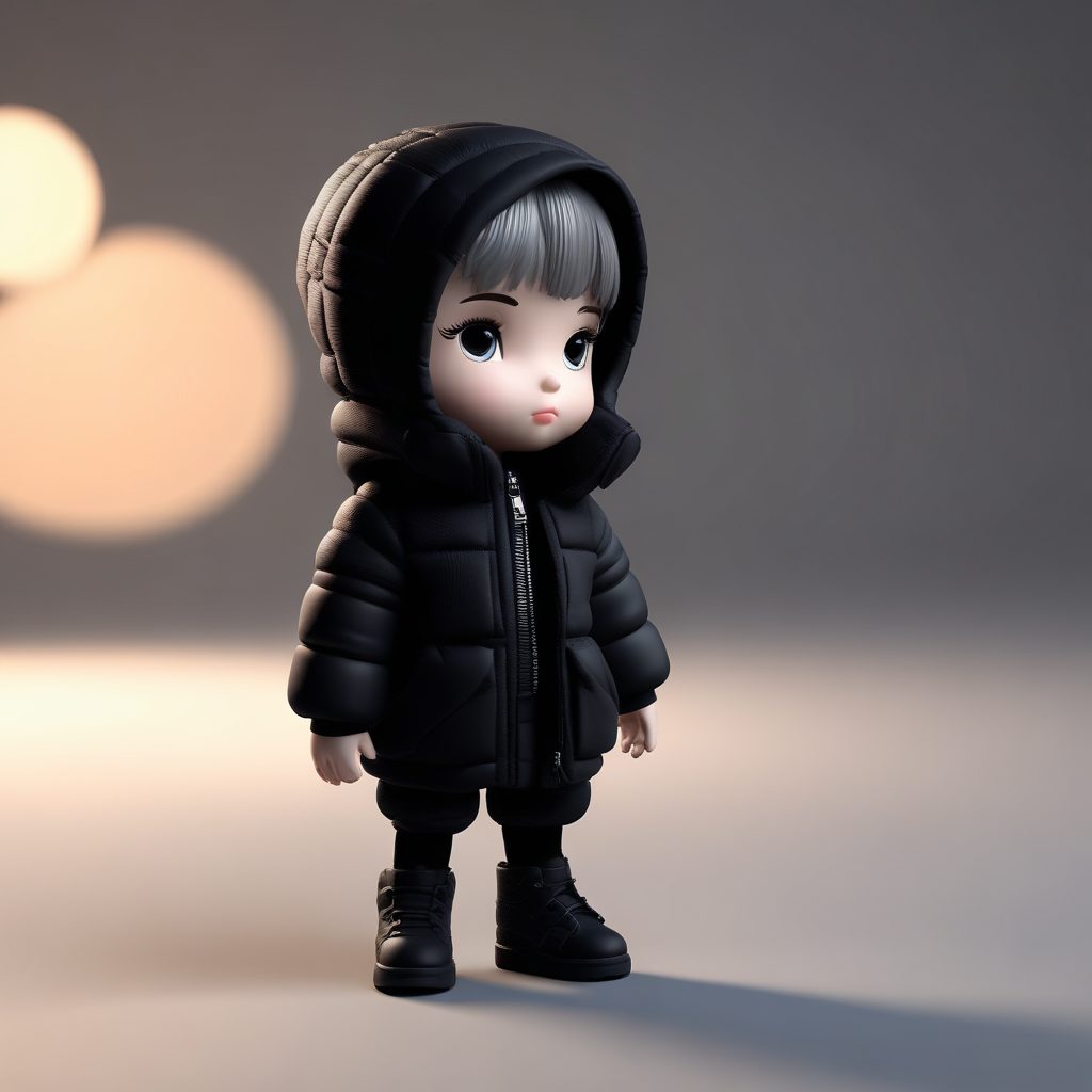 极简主义全黑穿搭:Q版人物冬季高对比度3D全身站立图