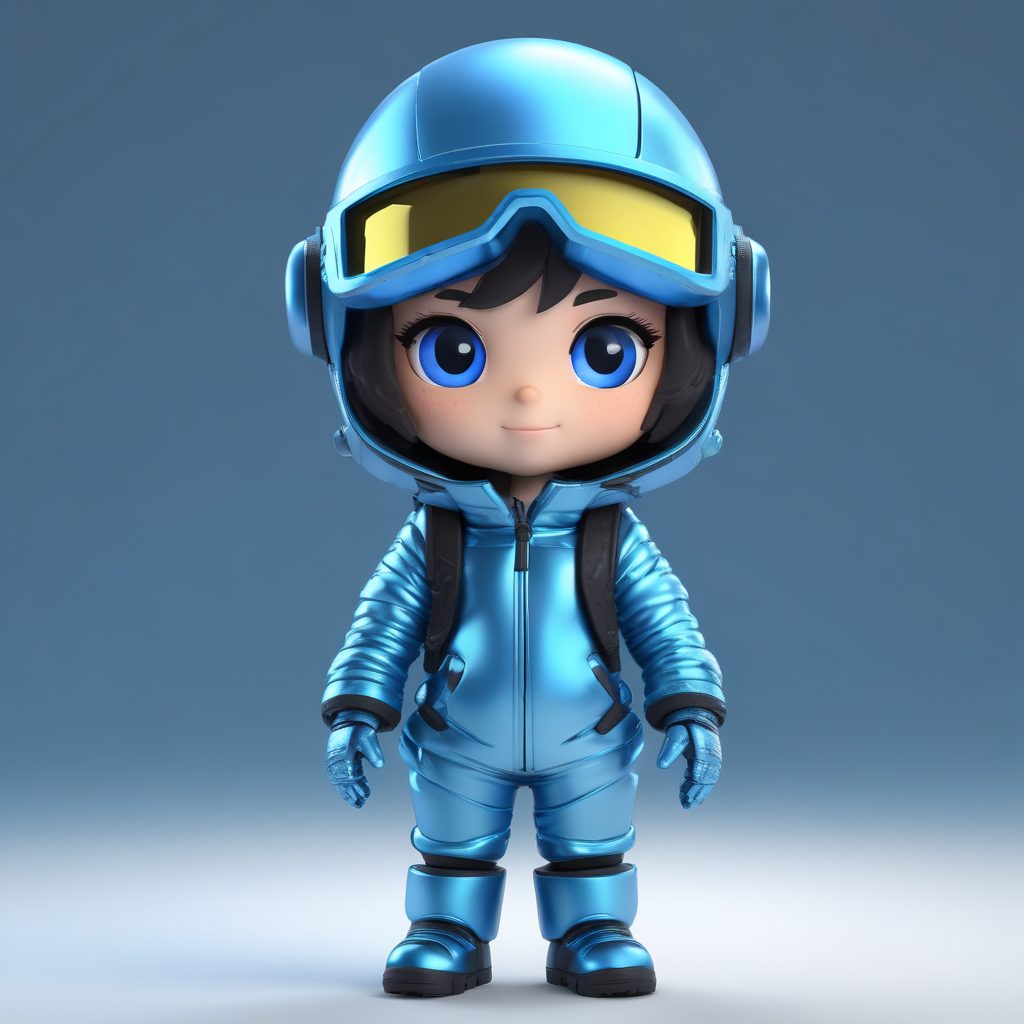 科技感未来时尚:Q版滑雪服女孩3D盲盒全身像,纯色背景AI创作