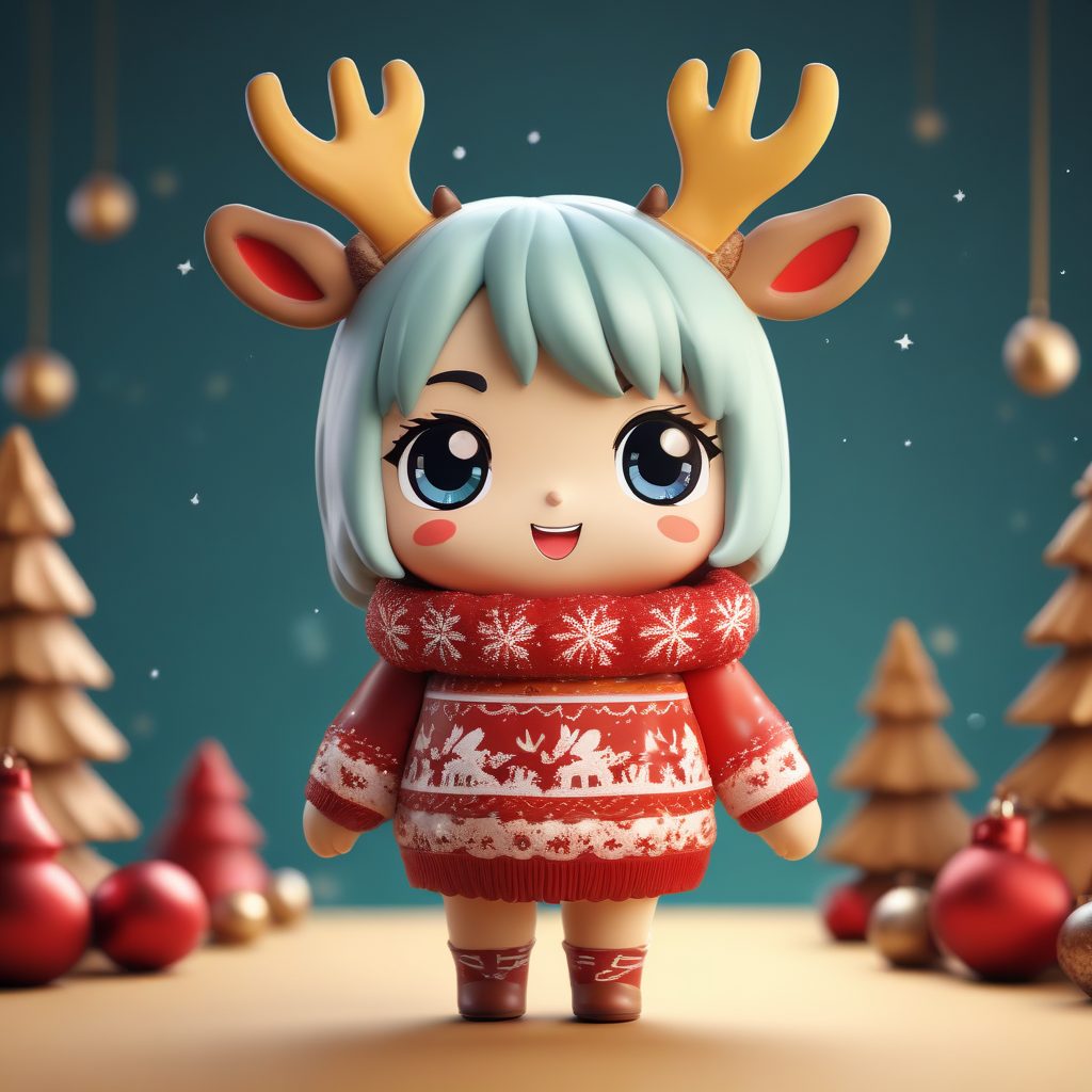 节日限定AI:穿圣诞毛衣的Q版女孩兴奋展示动作提示词