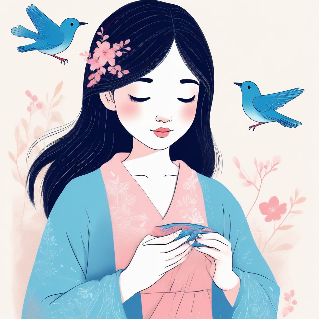 治愈系爆款:软萌日系女孩与小鸟,极简粉蓝动物